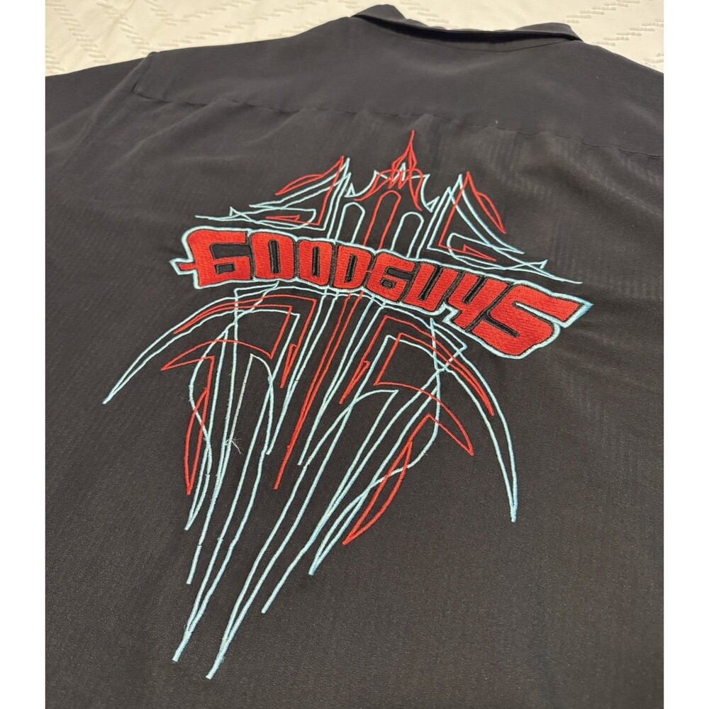 GoodGuys Black Short Sleeve Button Down Work Shirt Embroidered Pinstripe Back XL